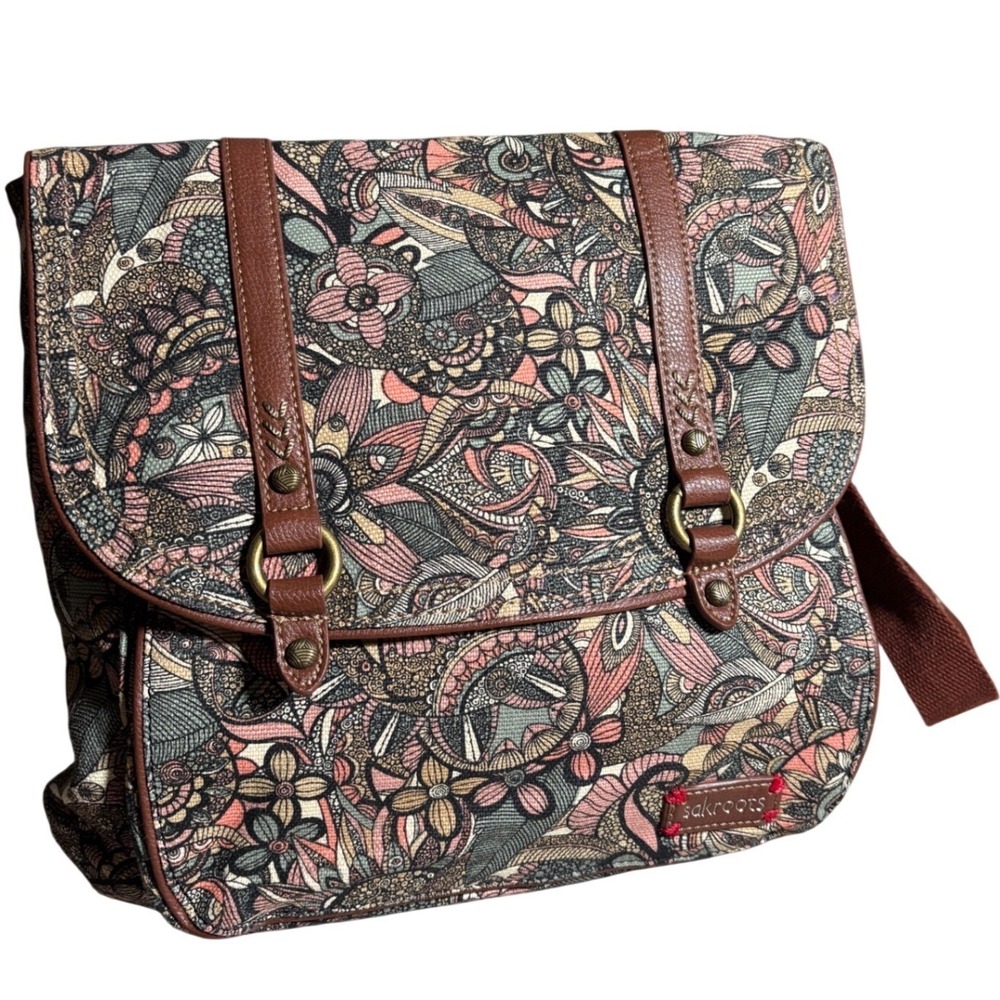 Sakroots Convertible Backpack Messenger Bag Floral Canvas Boho Multi-Color